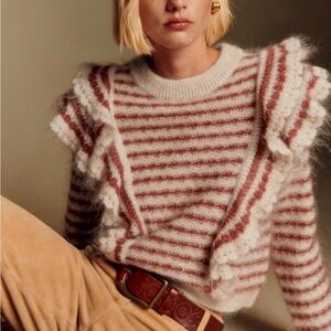 Sezane striped Ruffle Mohair-Blend Sweater - White & Dusty Rose